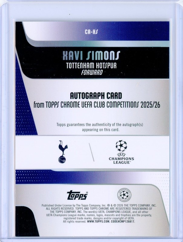 2025-26 Topps Chrome UEFA UCC XAVI SIMONS Tottenham Gold AUTO Autograph 7/50 view 2