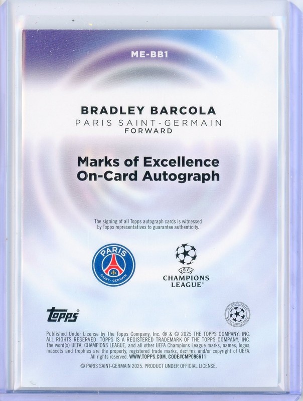 2025-26 Topps Chrome UEFA BRADLEY BARCOLA Marks of Excellence AUTO Autograph /99 view 2