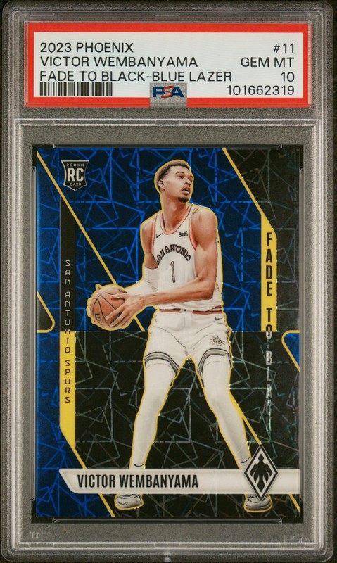2023 PANINI PHOENIX FADE TO BLACK BLUE LAZER VICTOR WEMBANYAMA RC 233/275 PSA 10
