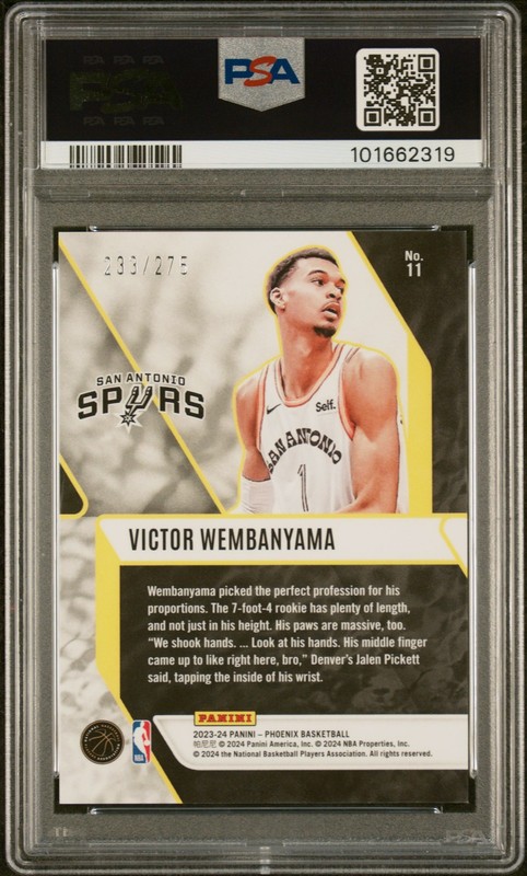 2023 PANINI PHOENIX FADE TO BLACK BLUE LAZER VICTOR WEMBANYAMA RC 233/275 PSA 10 view 2
