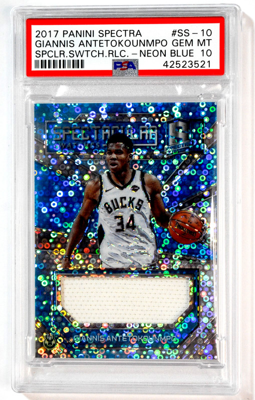 2017 Spectra Spectacular Giannis Antetokounmpo Neon Blue /49 Game Worn PSA 10