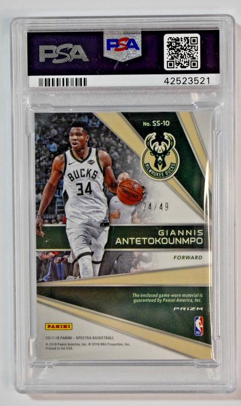 2017 Spectra Spectacular Giannis Antetokounmpo Neon Blue /49 Game Worn PSA 10 view 2