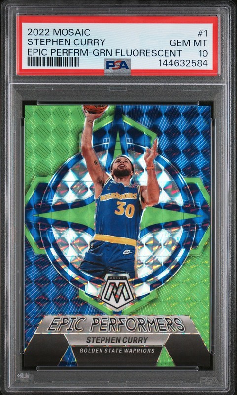 2022 PANINI MOSAIC EPIC PERFORMERS GREEN FLUORESCENT STEPHEN CURRY 7/10 PSA 10