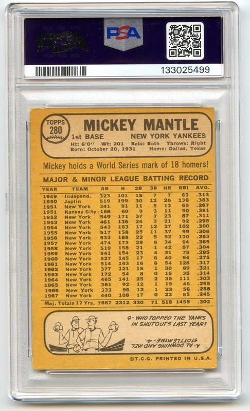 1968 Topps Mickey Mantle Yankees #280 PSA 3 view 2