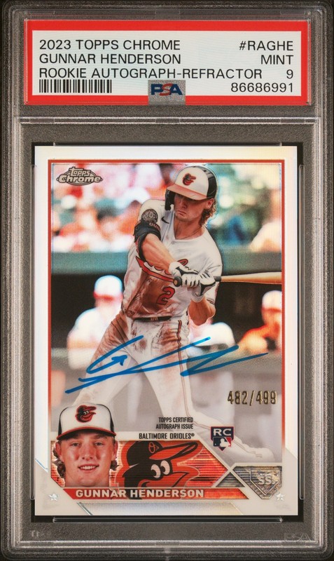 2023 TOPPS CHROME ROOKIE AUTO REFRACTOR #RAGHE GUNNAR HENDERSON 482/499 PSA 9