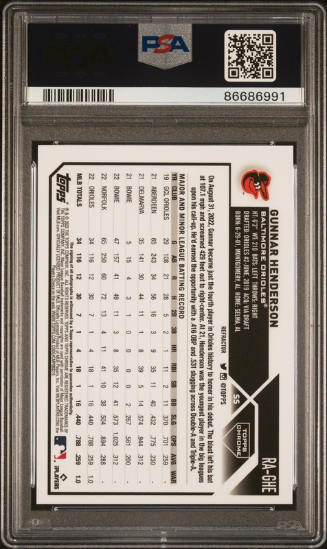2023 TOPPS CHROME ROOKIE AUTO REFRACTOR #RAGHE GUNNAR HENDERSON 482/499 PSA 9 view 2