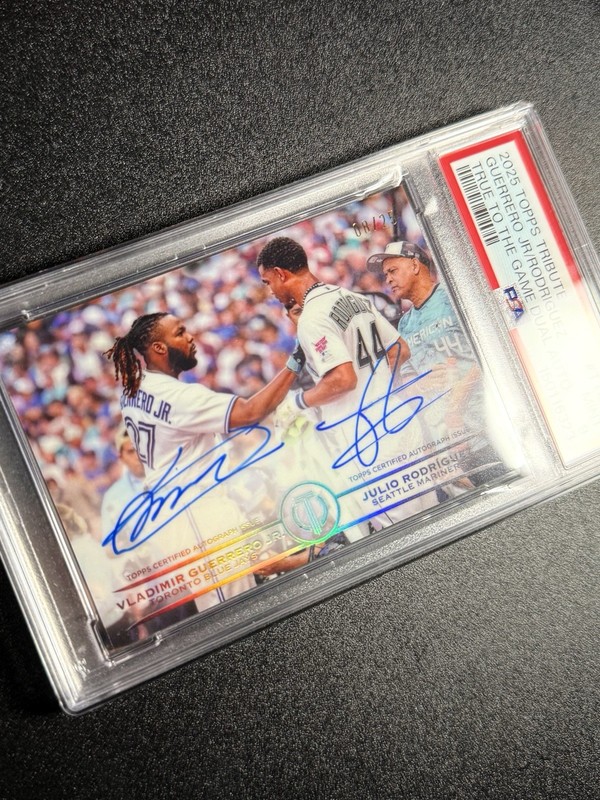2025 Topps Tribute #TTGRG Guerrero Jr Rodriguez True To The Game Dual Auto PSA 9 view 2