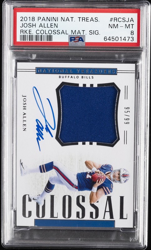 2018 NATIONAL TREASURES ROOKIE COLOSSAL MATERIAL JOSH ALLEN RC 95/99 PSA 8 AUTO