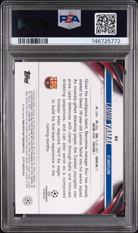 2023-24 TOPPS CHROME UEFA CLUB COMPETITIONS #64 LAMINE YAMAL ROOKIE RC PSA 9 view 2