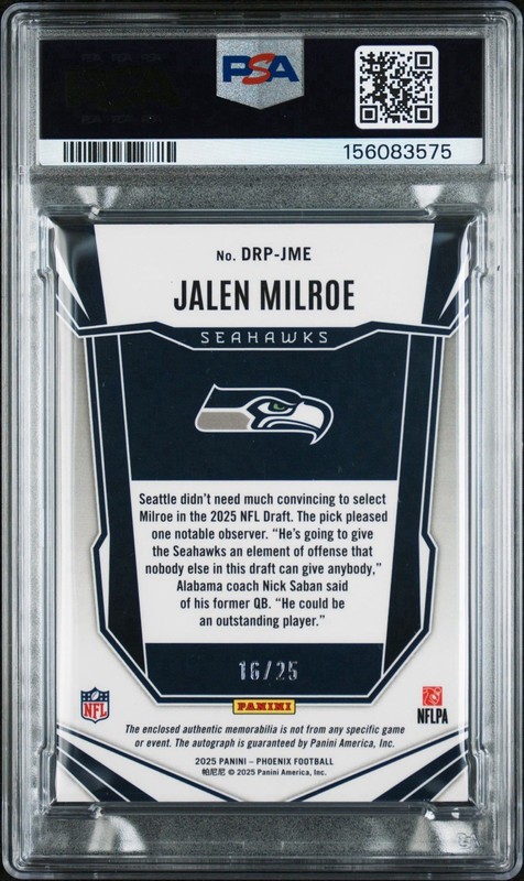 2025 Phoenix - Dual Rookie Patch Auto Jalen Milroe Colorburst /25 PSA 10 (POP 1) view 2