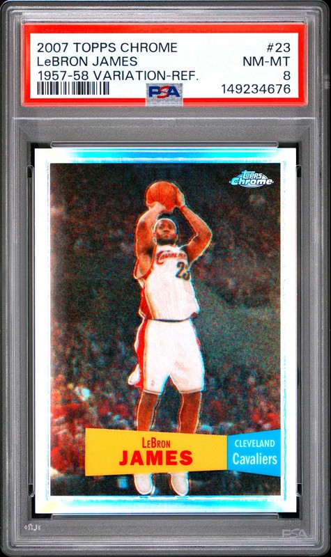 2007 TOPPS CHROME 1957-58 VARIATION-REFRACTOR #23 LEBRON JAMES 73/999 PSA 8