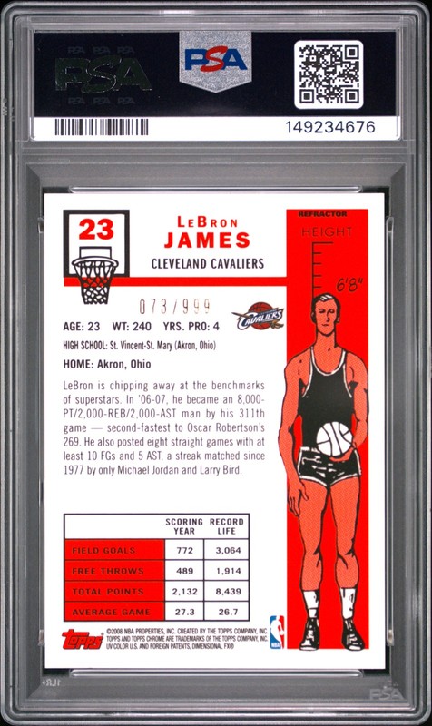 2007 TOPPS CHROME 1957-58 VARIATION-REFRACTOR #23 LEBRON JAMES 73/999 PSA 8 view 2