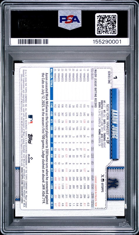 2026 TOPPS #1 AARON JUDGE PSA 10 view 2
