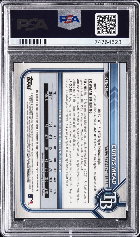 2022 BOWMAN CHROME PROSPECT AUTOS #CPACM CURTIS MEAD 8/25 PSA 10 AUTO view 2