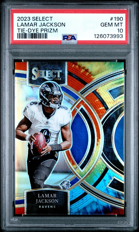 2023 PANINI SELECT TIE-DYE PRIZM #190 LAMAR JACKSON 7/25 PSA 10