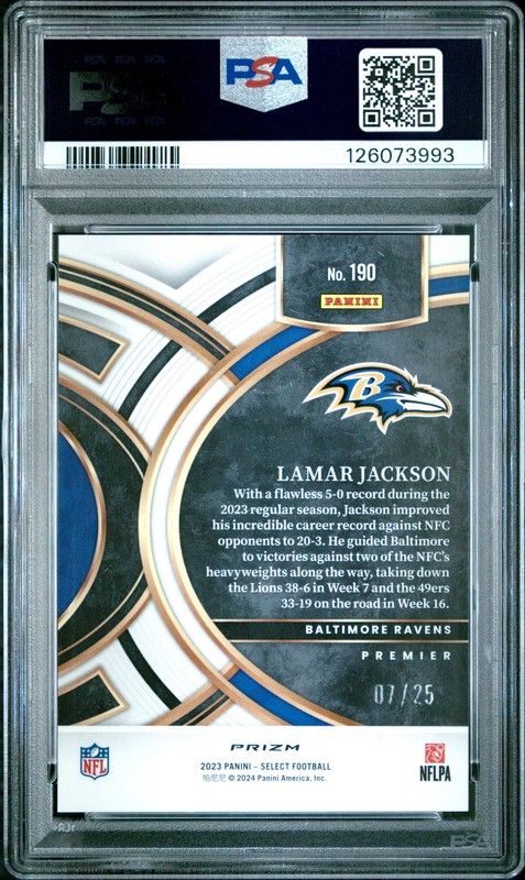 2023 PANINI SELECT TIE-DYE PRIZM #190 LAMAR JACKSON 7/25 PSA 10 view 2