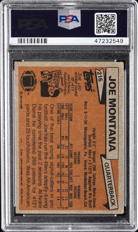 1981 TOPPS #216 JOE MONTANA PSA 1.5 view 2