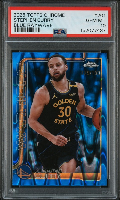 2025 TOPPS CHROME BLUE RAYWAVE #201 STEPHEN CURRY 129/150 PSA 10