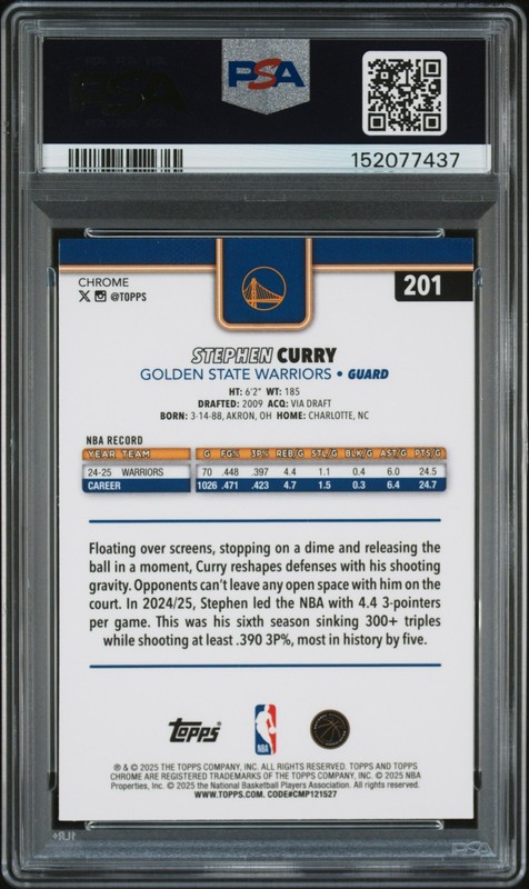 2025 TOPPS CHROME BLUE RAYWAVE #201 STEPHEN CURRY 129/150 PSA 10 view 2