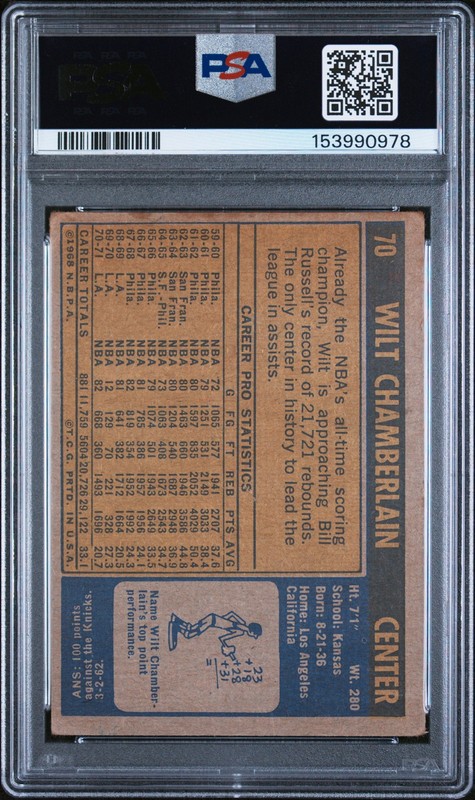 1971 TOPPS #70 WILT CHAMBERLAIN PSA 1.5 view 2