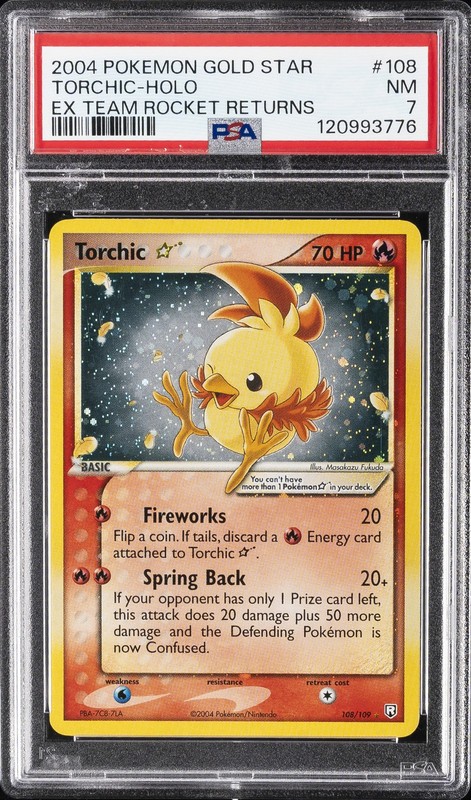 2004 POKEMON EX TEAM ROCKET RETURNS GOLD STAR #108 TORCHIC-HOLO PSA 7