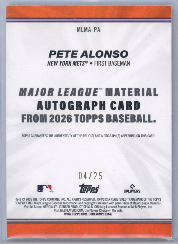 Pete Alonso Patch Auto /25 Orange 2026 Topps Major League Material #MLMA-PA view 2