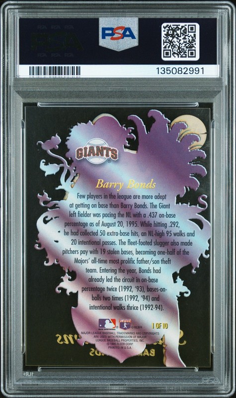 1996 ULTRA SEASON CROWNS GOLD MEDALLION #1 BARRY BONDS PSA 9 view 2