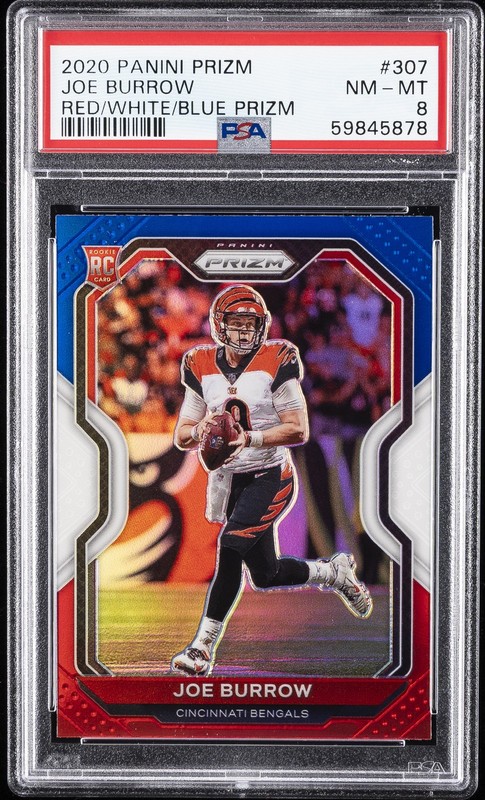 2020 PANINI PRIZM RED/WHITE/BLUE PRIZM #307 JOE BURROW ROOKIE RC PSA 8