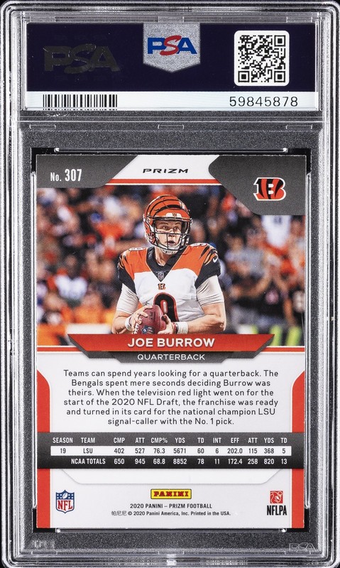 2020 PANINI PRIZM RED/WHITE/BLUE PRIZM #307 JOE BURROW ROOKIE RC PSA 8 view 2