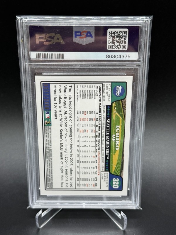 2008 Topps GOLD Ichiro Suzuki PSA 10 Gem Mint Card #320 Mariners #/2008 Pop 12 view 2