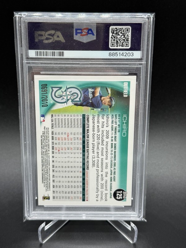 2010 Topps GOLD Ichiro Suzuki PSA 10 Gem Mint Card #125 Mariners #/2010 Pop 3 view 2