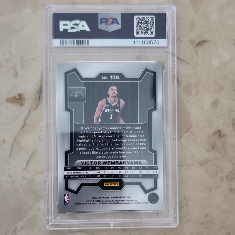 2023-24 Panini Prizm Victor Wembanyama PSA 10 RC #136 San Antonio Spurs Rookie view 2