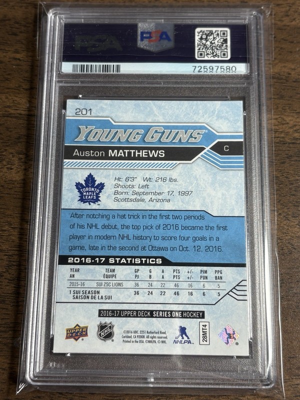 2016-2017 UD Series 1 Young Guns Auston Matthews PSA 9 view 2