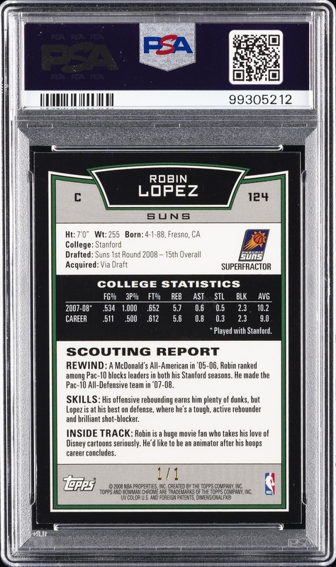 2008 BOWMAN CHROME SUPERFRACTOR 1/1 #124 ROBIN LOPEZ 1/1 PSA 8 view 2