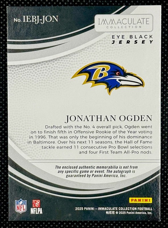 2025 Panini Immaculate Eye Black Patch Auto #IEBJ-JON JONATHAN OGDEN #/49 Ravens view 2