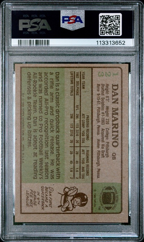 1984 TOPPS #123 DAN MARINO PSA 8 view 2