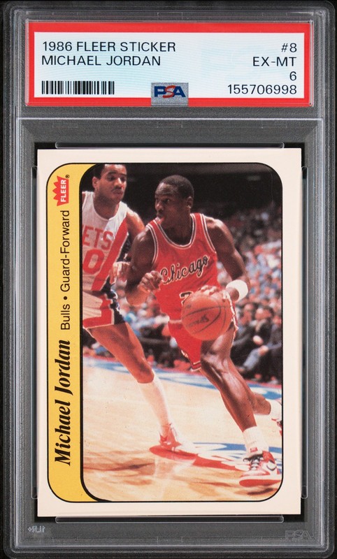 1986 FLEER STICKER #8 MICHAEL JORDAN ROOKIE RC PSA 6