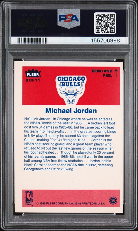 1986 FLEER STICKER #8 MICHAEL JORDAN ROOKIE RC PSA 6 view 2