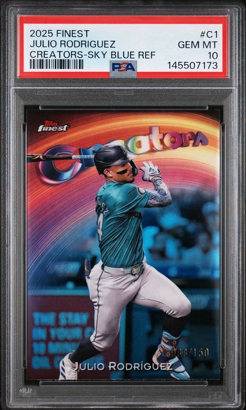 2025 Topps Finest - Creators Julio Rodriguez /150 Sky Blue Refractor #C1 PSA 10 view 1