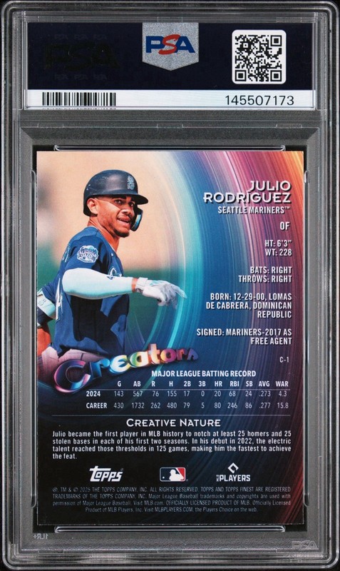 2025 Topps Finest - Creators Julio Rodriguez /150 Sky Blue Refractor #C1 PSA 10 view 2