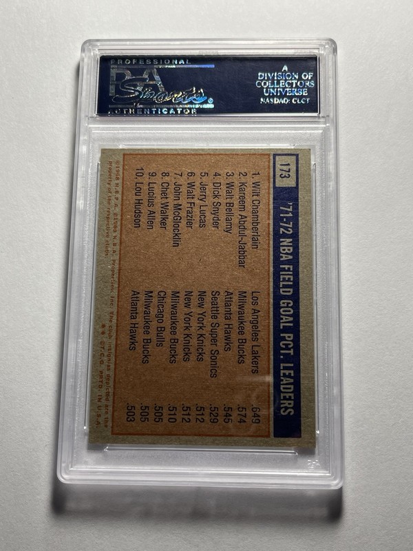 1972 Topps #173 NBA FG Pct. Leaders Wilt Chamberlain Kareem Abdul-Jabbar PSA 6 view 2