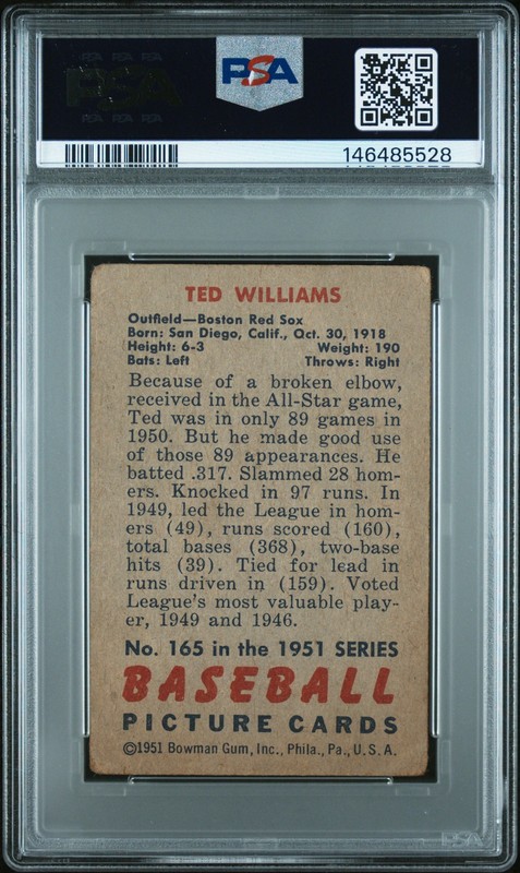 1951 BOWMAN #165 TED WILLIAMS PSA 1 view 2