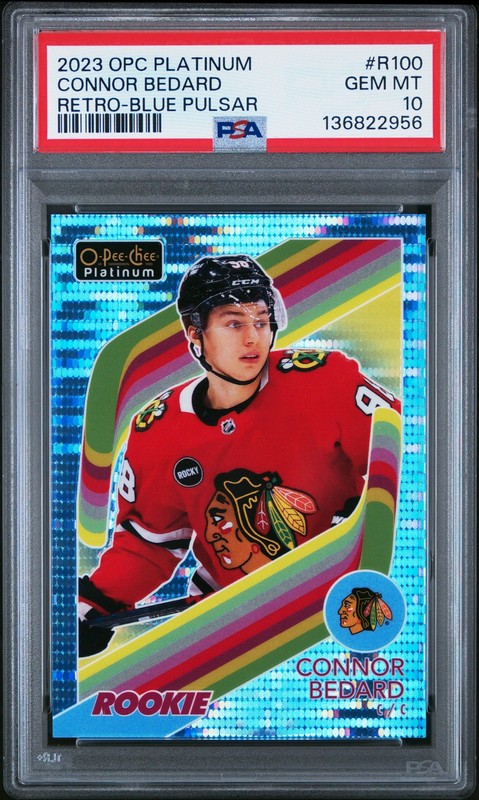 2023 UD O-PEE-CHEE PLATINUM RETRO BLUE PULSAR #R100 CONNOR BEDARD 61/100 PSA 10