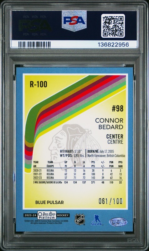 2023 UD O-PEE-CHEE PLATINUM RETRO BLUE PULSAR #R100 CONNOR BEDARD 61/100 PSA 10 view 2