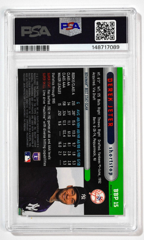 1996 Bowman's Best #BBP15 Derek Jeter Preview Atomic Refractor PSA 8 Yankees view 2