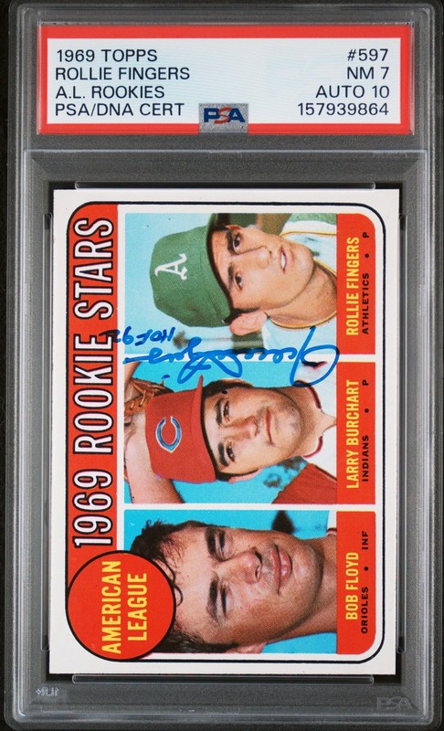 1969 TOPPS AL ROOKIES FLOYD/BURCHART/FINGERS ROOKIE RC PSA 7 AUTO 10