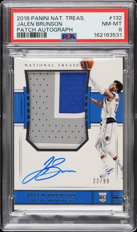 2018 PANINI NATIONAL TREASURES PATCH AUTO #132 JALEN BRUNSON ROOKIE RC /99 PSA 8