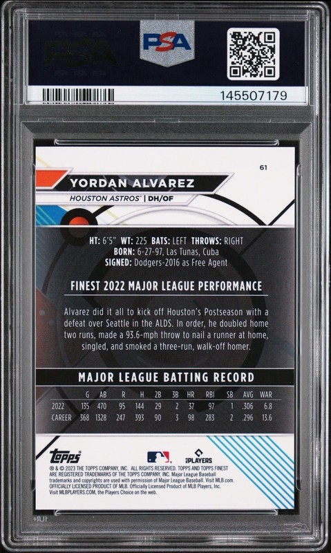 2023 Topps Finest - Yordan Alvarez /50 Gold Mini-Diamond Refractor #61 PSA 10 view 2