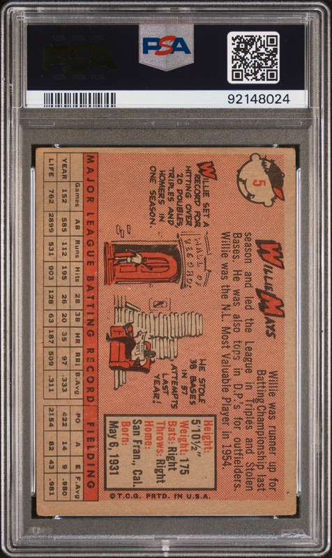 1958 TOPPS #5 WILLIE MAYS PSA 2 view 2