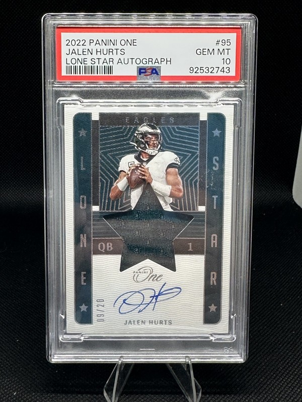 2022 Panini One - Lone Star Autographs Jalen Hurts #95 /20 (AU, MEM) PSA 10